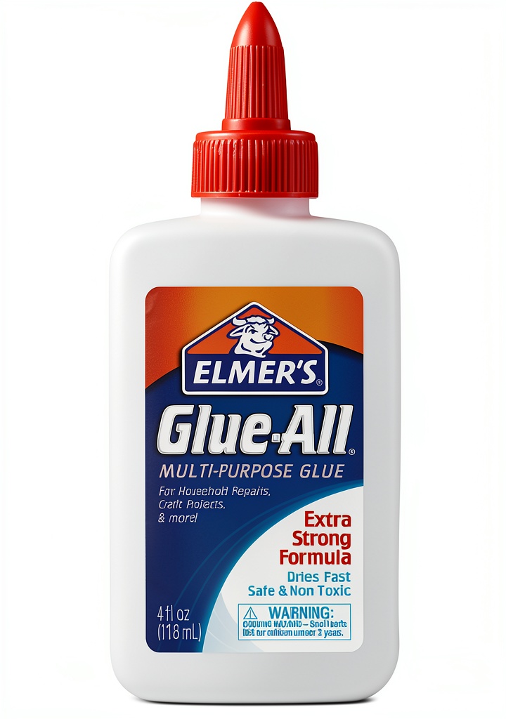 'Elmers White Glue bottle on a craft table with paper and scissors'