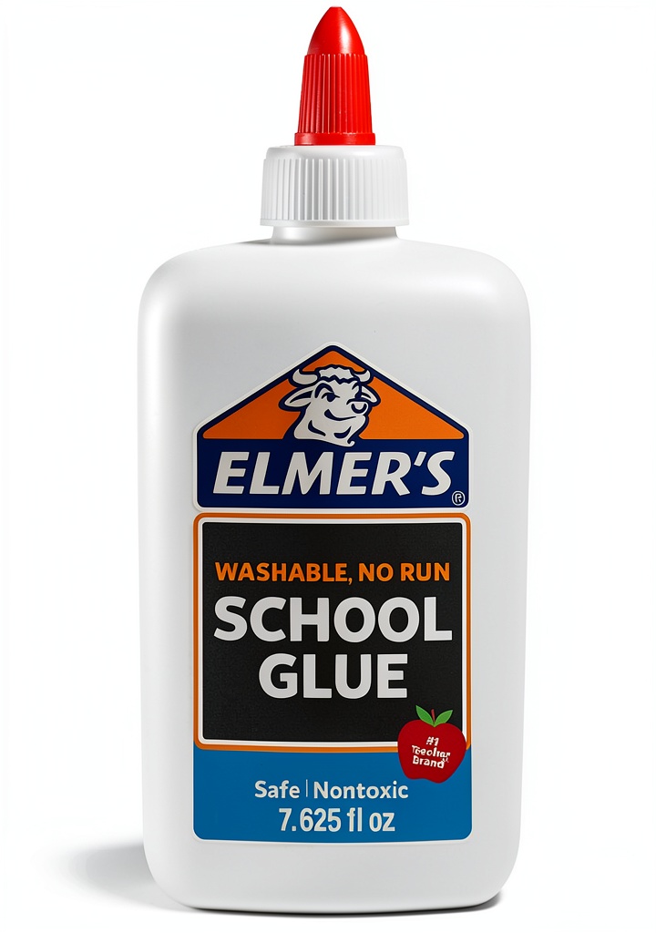 Elmers White Glue bottle on a craft table with paper and scissors
