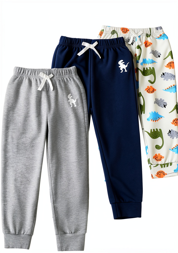 Baby boy wearing dinosaur print sweatpants in a playful setting