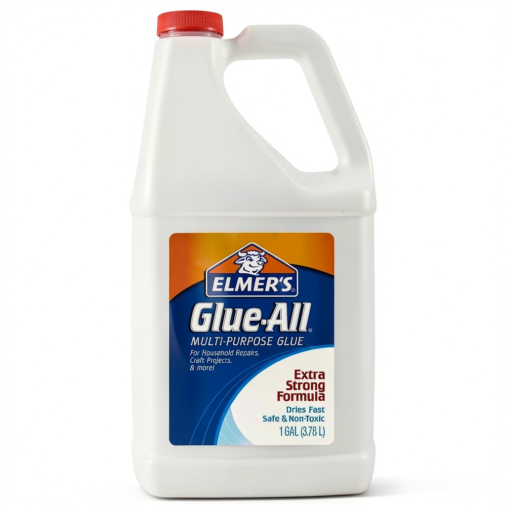Elmers White Glue bottle on a craft table with paper and fabric