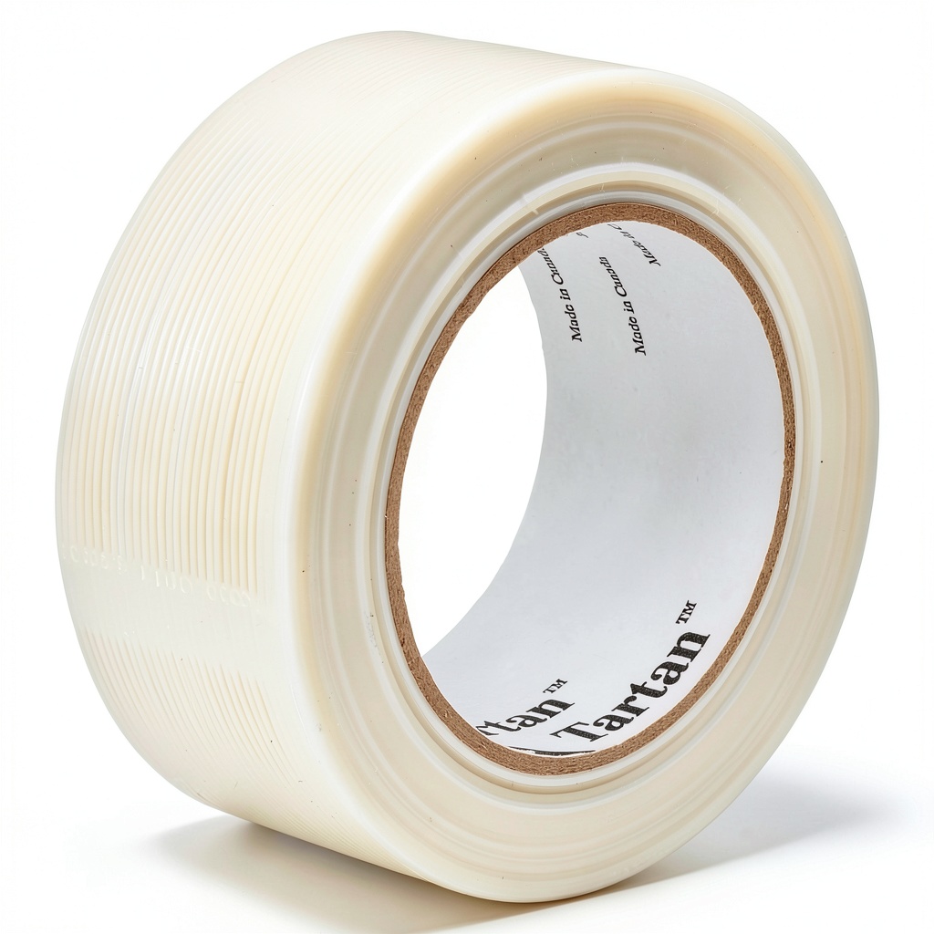 3M filament tape being applied to a cardboard box in a warehouse