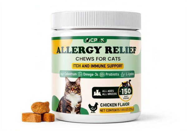 Cat Allergy Relief for Cats, 150 Soft Chews for Cat Itch and Allergy Relief with Omega-3 and Probiotics Coat Health, Immune Boost and Seasonal Allergies Chicken Flavor Chews-0
