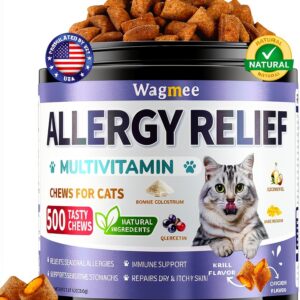 Cat Allergy Relief Chews – 500 Crunchy & Creamy Treats for All Breeds – Cat Itchy Skin & Seasonal Allergy Relief with Multivitamin and Omega-3 for Skin Health, Chicken & Krill Flavor-0