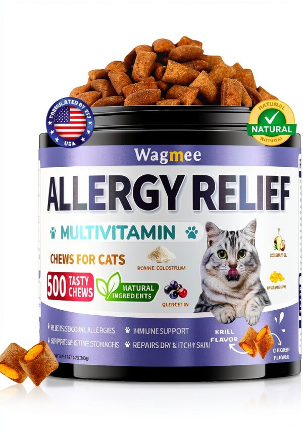 Cat Allergy Relief Chews – 500 Crunchy & Creamy Treats for All Breeds – Cat Itchy Skin & Seasonal Allergy Relief with Multivitamin and Omega-3 for Skin Health, Chicken & Krill Flavor-0