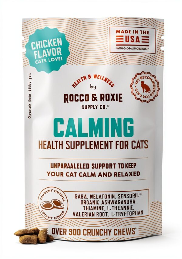 Rocco & Roxie Cat Calming Treats with Melatonin for Cats, Stress and Anxiety Relief, Keep Calm for Grooming, Travel, or Vet Visits, Aid Sleep with Organic Ashwagandha and GABA, Chicken Flavored Chews-0