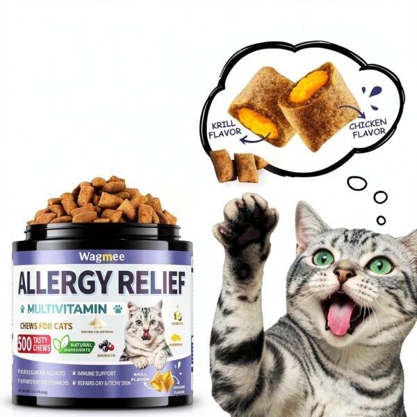 Cat Allergy Relief Chews – 500 Crunchy & Creamy Treats for All Breeds – Cat Itchy Skin & Seasonal Allergy Relief with Multivitamin and Omega-3 for Skin Health, Chicken & Krill Flavor-1